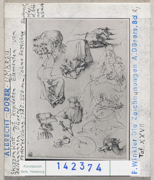 Vorschaubild Albrecht Dürer (Umkreis): Skizzenblatt mit kopierten Elementen von Zeichnungen Dürers. Budapest, Museum d. Schönen Künste 
